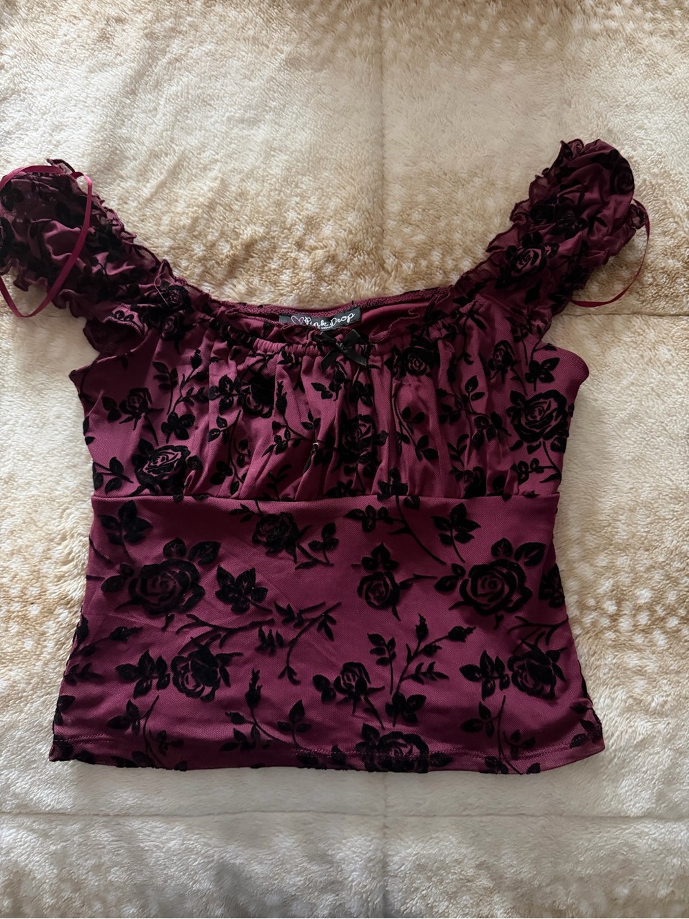 Women's Burgundy Floral Velvet-Print Off-Shoulder Top